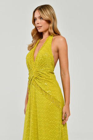 Halter Neck Backless Sequin Maxi Dress with Fringe Detail