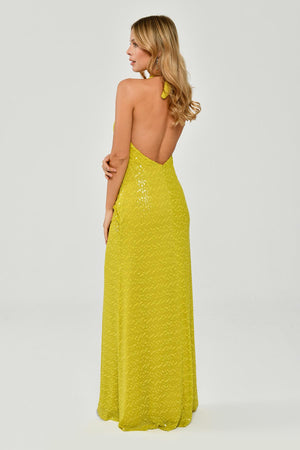 Halter Neck Backless Sequin Maxi Dress with Fringe Detail