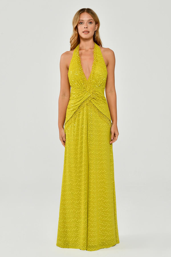 Halter Neck Backless Sequin Maxi Dress with Fringe Detail