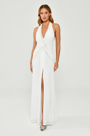 Halter Neck Backless Sequin Maxi Dress with Fringe Detail