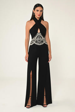 Crepe Long Jumpsuit with Halter Neck and Rhinestone Waist Accessory
