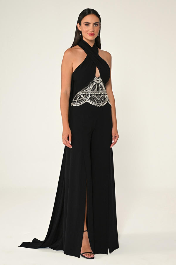 Crepe Long Jumpsuit with Halter Neck and Rhinestone Waist Accessory