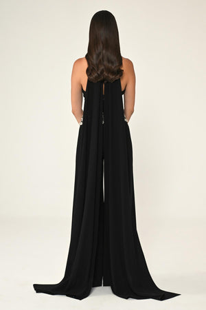 Crepe Long Jumpsuit with Halter Neck and Rhinestone Waist Accessory