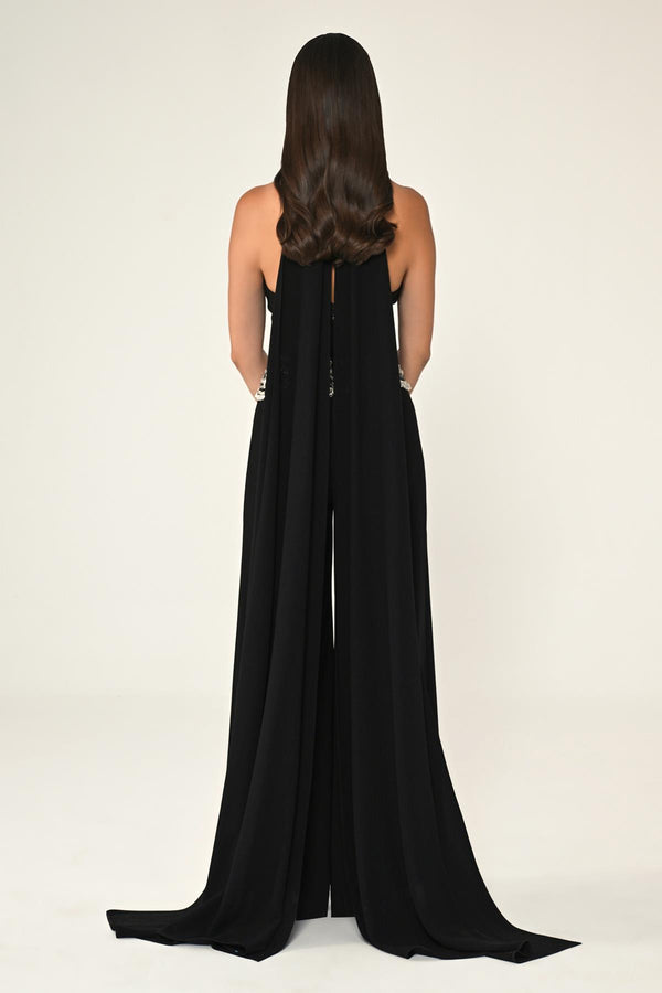 Crepe Long Jumpsuit with Halter Neck and Rhinestone Waist Accessory