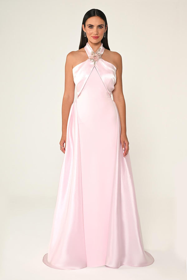 Long Dress with Neckline Floral Accessory