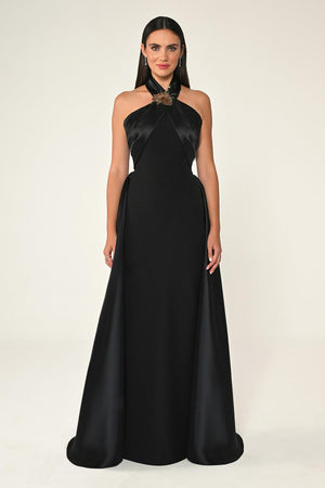 Long Dress with Neckline Floral Accessory