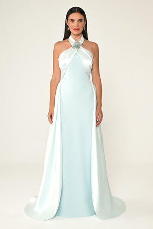 Long Dress with Neckline Floral Accessory