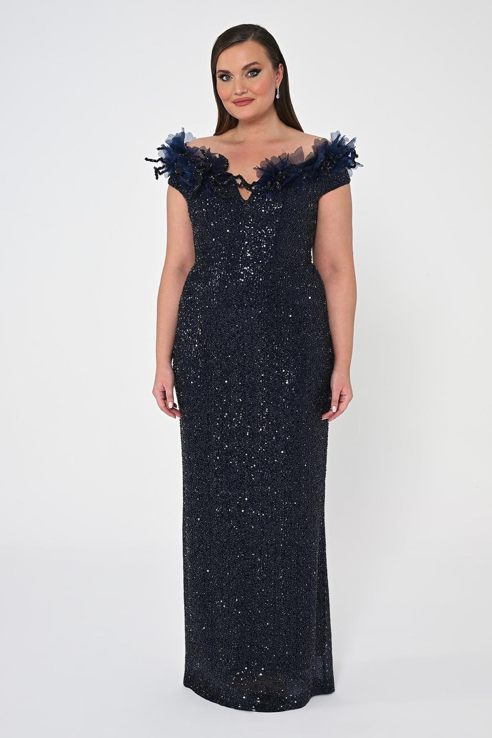Floral Boat Neck Sequin Long Dress