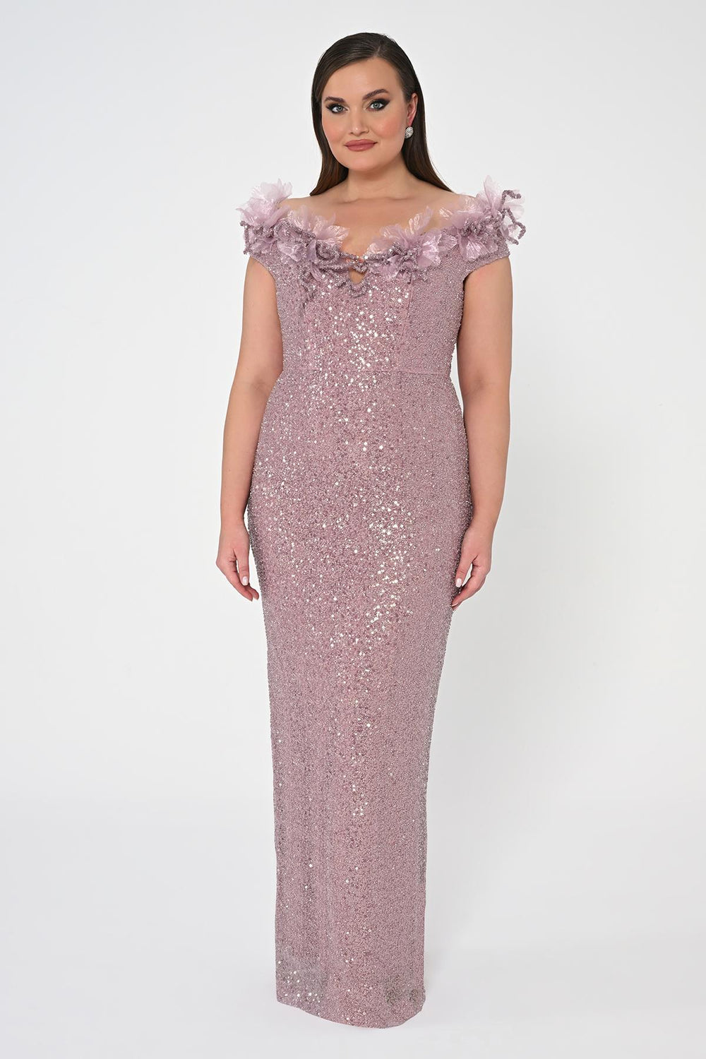 Floral Boat Neck Sequin Long Dress