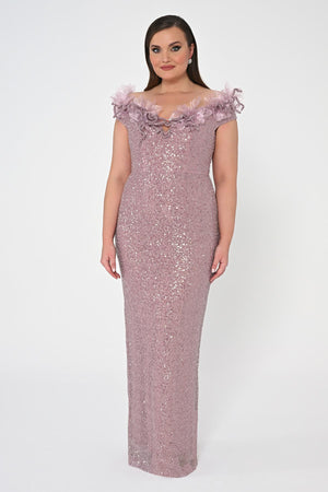 Floral Boat Neck Sequin Long Dress