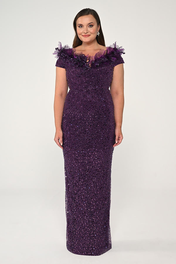 Floral Boat Neck Sequin Long Dress