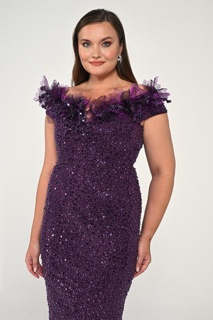 Floral Boat Neck Sequin Long Dress