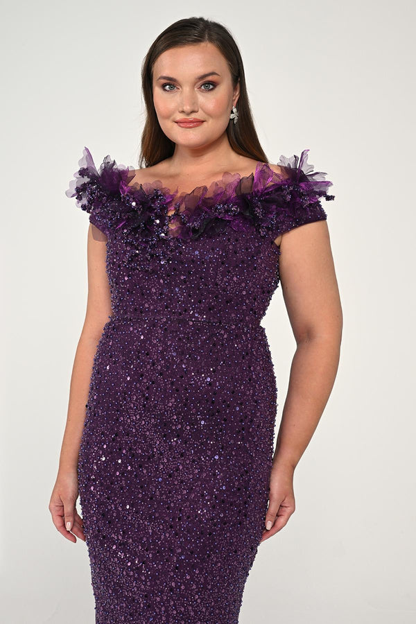 Floral Boat Neck Sequin Long Dress