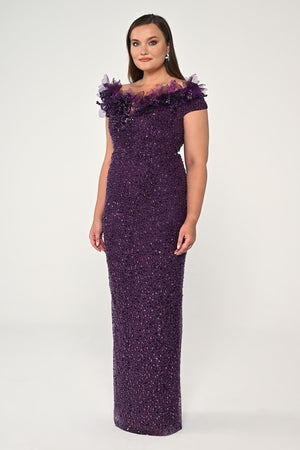 Floral Boat Neck Sequin Long Dress