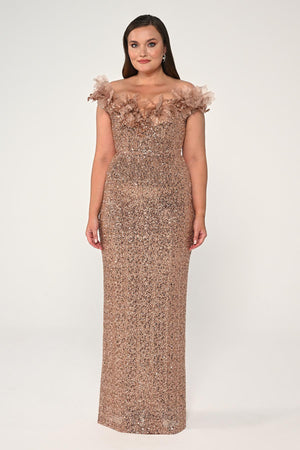 Floral Boat Neck Sequin Long Dress