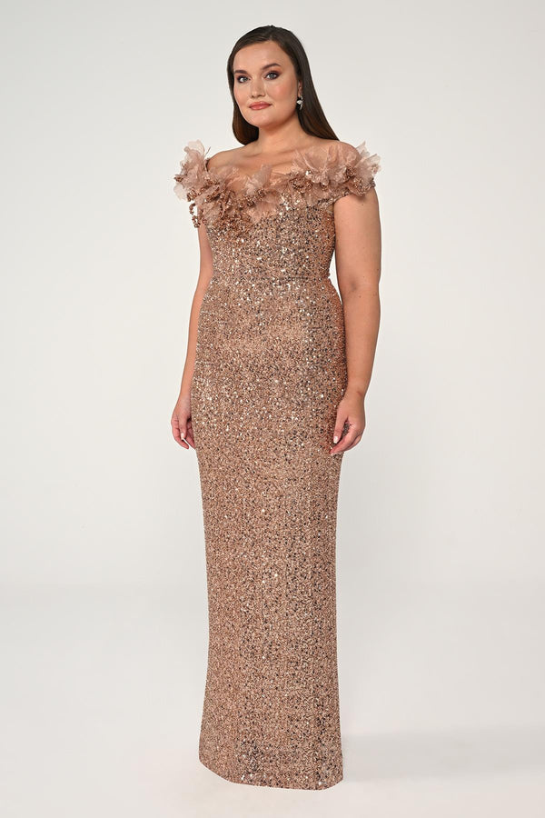 Floral Boat Neck Sequin Long Dress