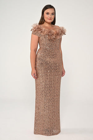 Floral Boat Neck Sequin Long Dress