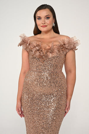 Floral Boat Neck Sequin Long Dress