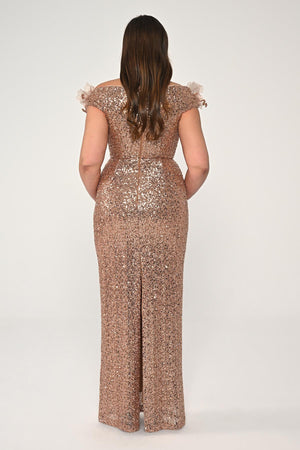 Floral Boat Neck Sequin Long Dress