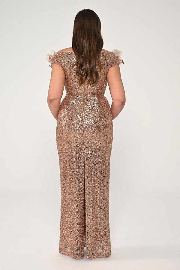 Floral Boat Neck Sequin Long Dress