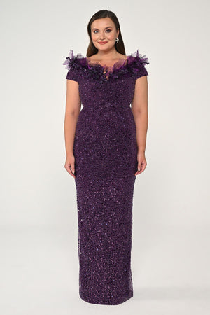 Floral Boat Neck Sequin Long Dress