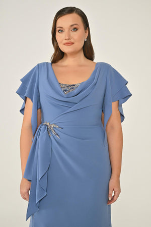 Draped-Neck Crepe Maxi Dress with Embellished Ruched Waist