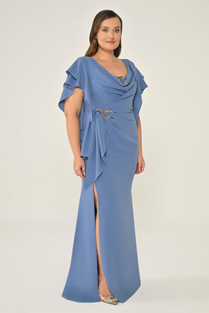 Draped-Neck Crepe Maxi Dress with Embellished Ruched Waist