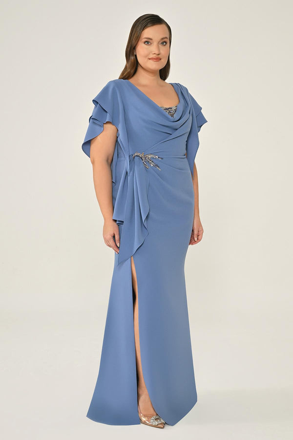 Draped-Neck Crepe Maxi Dress with Embellished Ruched Waist