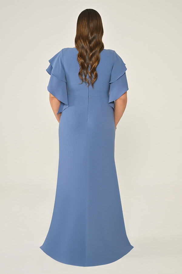 Draped-Neck Crepe Maxi Dress with Embellished Ruched Waist