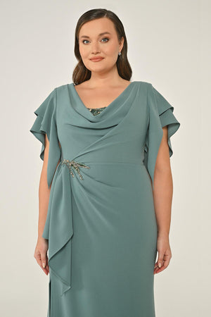 Draped-Neck Crepe Maxi Dress with Embellished Ruched Waist