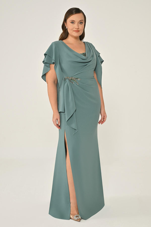 Draped-Neck Crepe Maxi Dress with Embellished Ruched Waist
