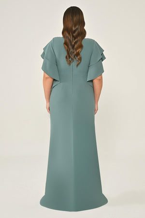 Draped-Neck Crepe Maxi Dress with Embellished Ruched Waist