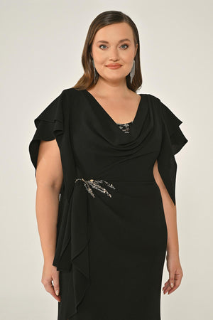 Draped-Neck Crepe Maxi Dress with Embellished Ruched Waist