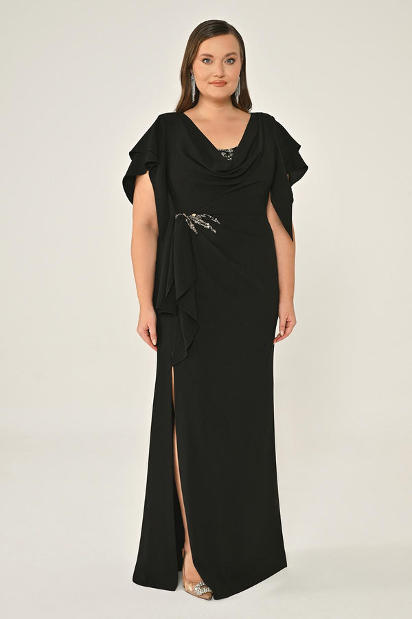 Draped-Neck Crepe Maxi Dress with Embellished Ruched Waist