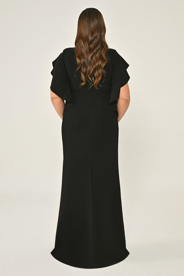 Draped-Neck Crepe Maxi Dress with Embellished Ruched Waist
