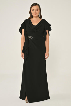 Draped-Neck Crepe Maxi Dress with Embellished Ruched Waist