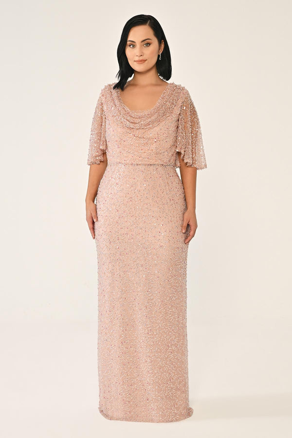 Cowl Neck Shawl Short Sleeve Sequin Long Dress