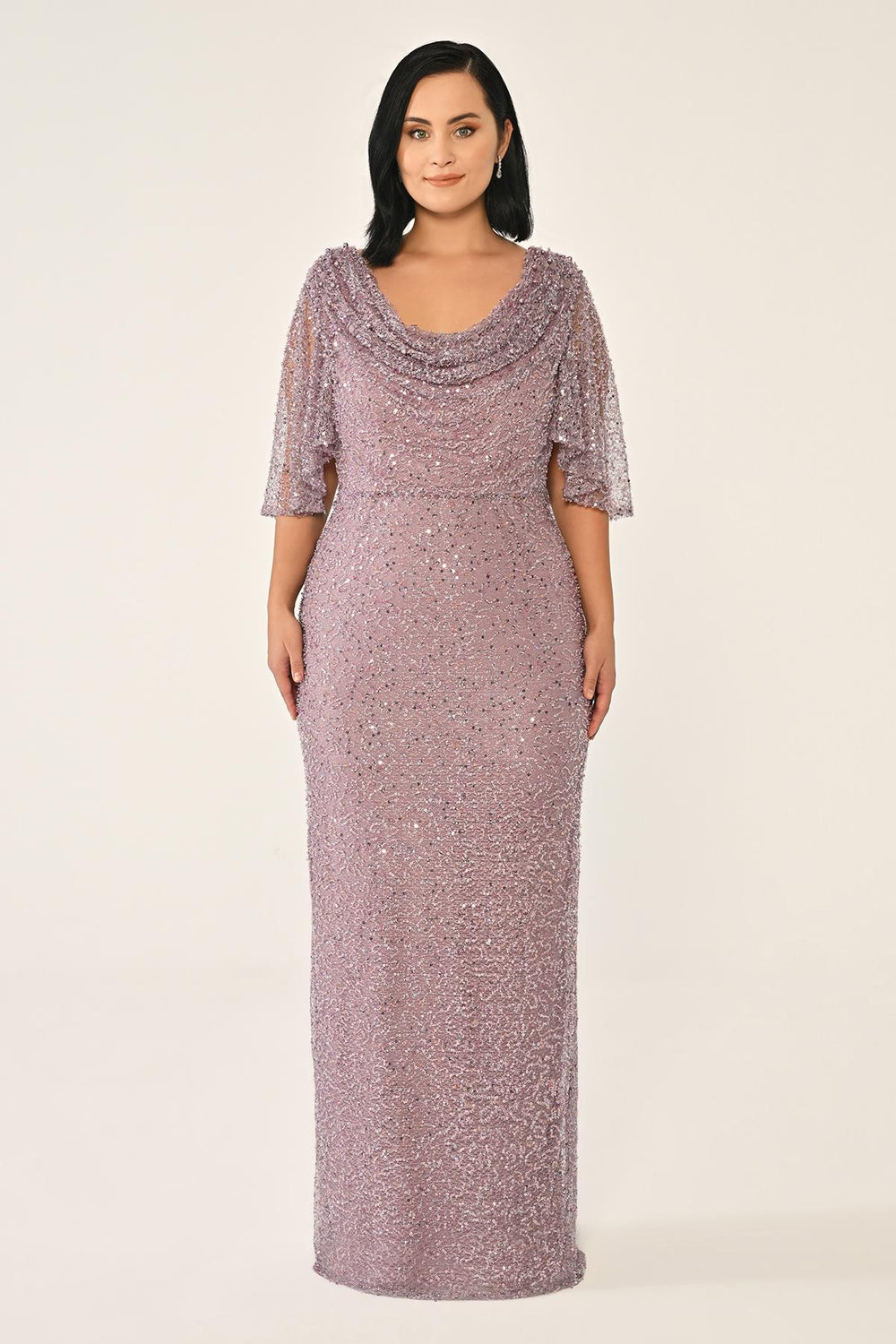 Cowl Neck Shawl Short Sleeve Sequin Long Dress