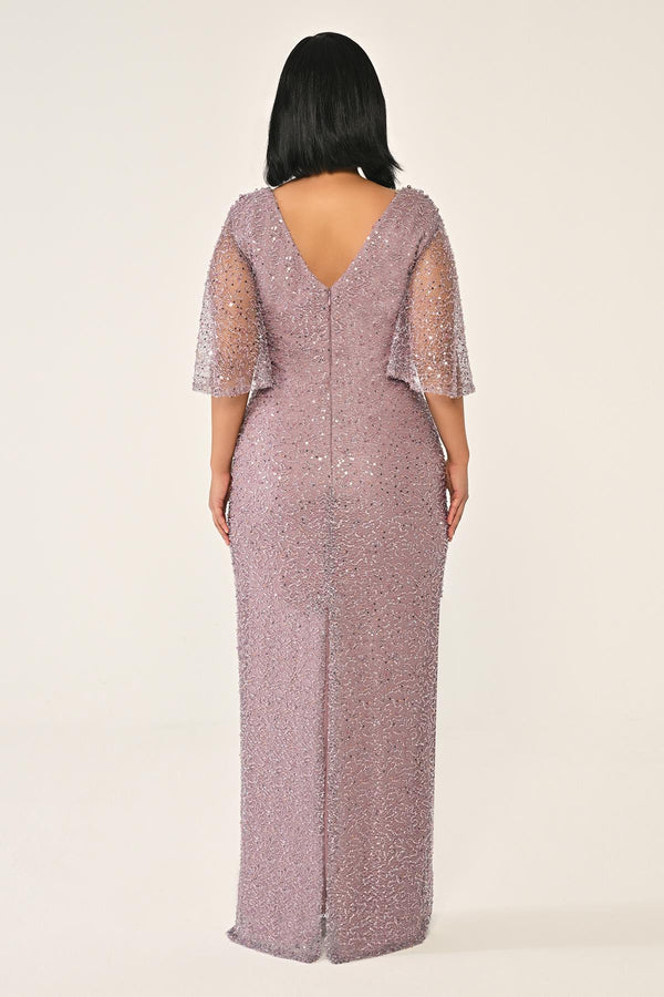 Cowl Neck Shawl Short Sleeve Sequin Long Dress