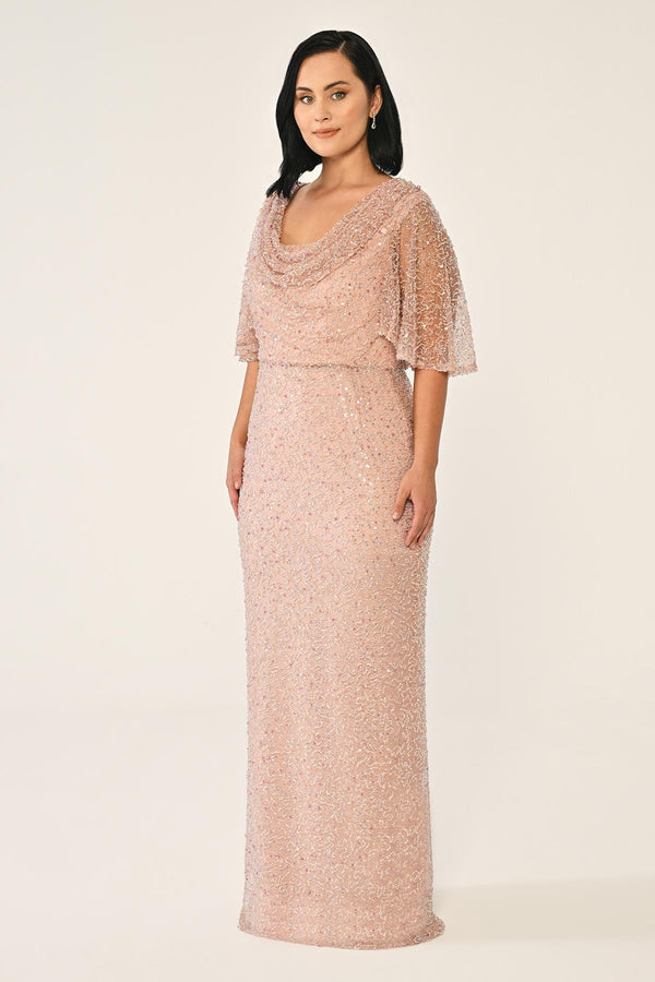 Cowl Neck Shawl Short Sleeve Sequin Long Dress