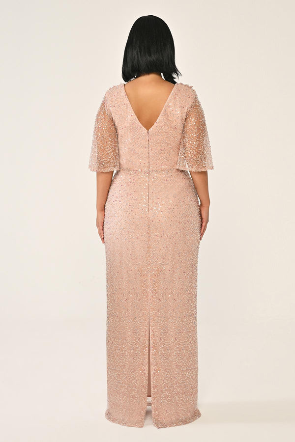 Cowl Neck Shawl Short Sleeve Sequin Long Dress