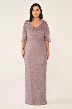 Cowl Neck Shawl Short Sleeve Sequin Long Dress