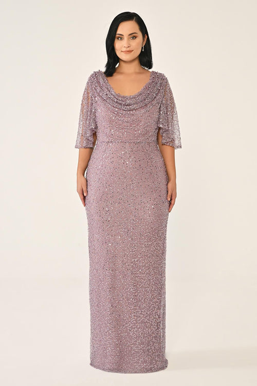 Cowl Neck Shawl Short Sleeve Sequin Long Dress