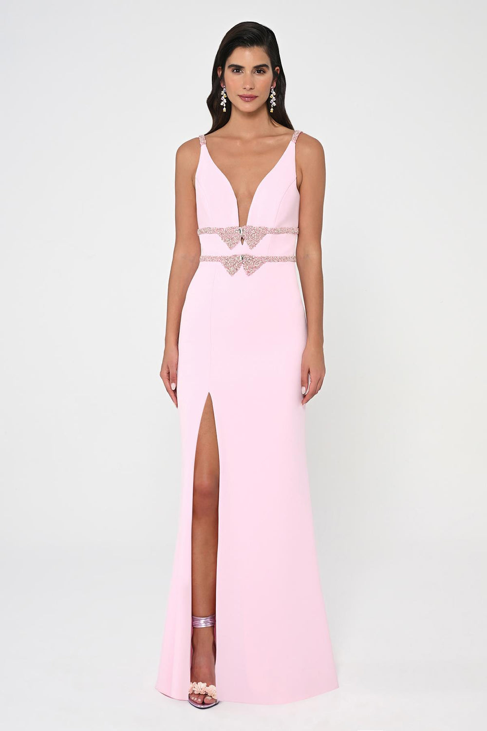 Deep V-Neck Embroidered Waist Long Dress