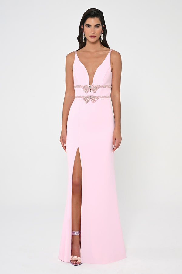Deep V-Neck Embroidered Waist Long Dress