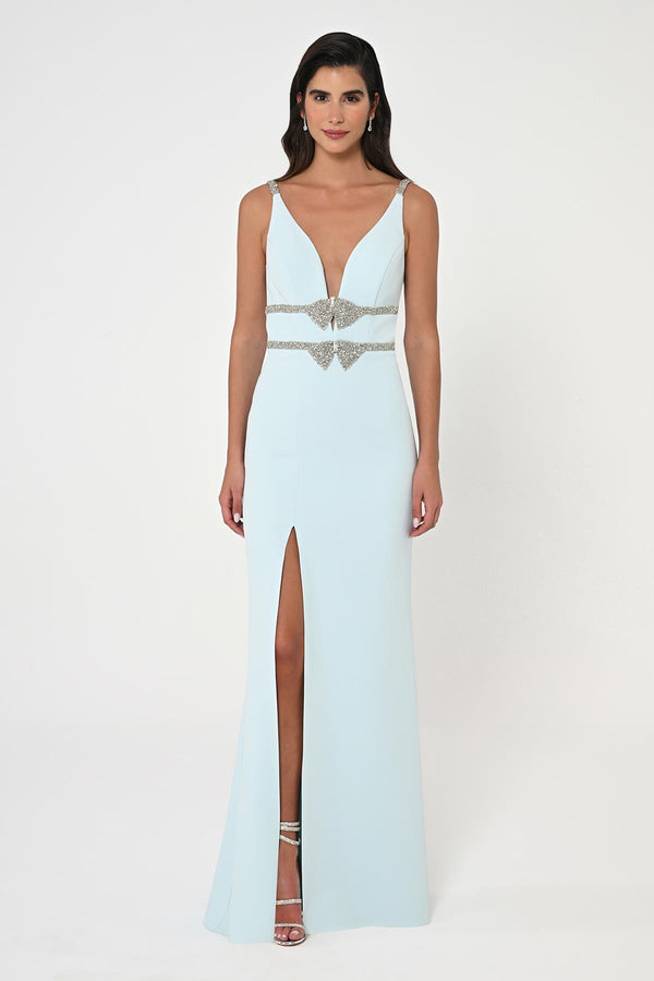 Deep V-Neck Embroidered Waist Long Dress