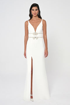 Deep V-Neck Embroidered Waist Long Dress