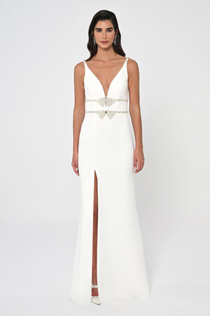 Deep V-Neck Embroidered Waist Long Dress