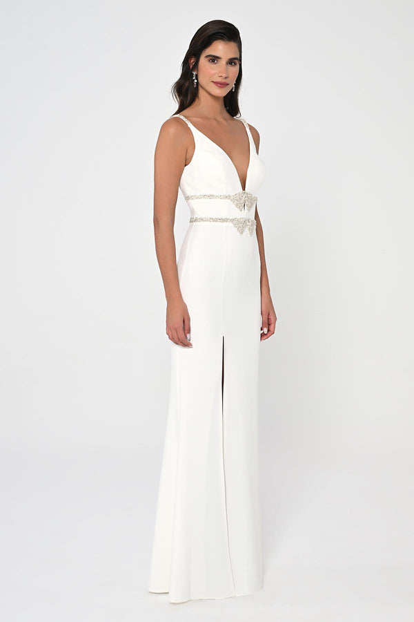 Deep V-Neck Embroidered Waist Long Dress