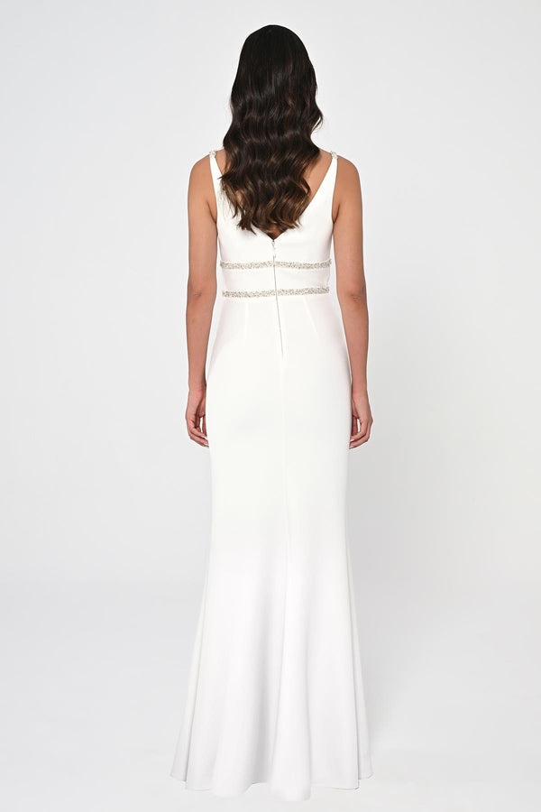 Deep V-Neck Embroidered Waist Long Dress